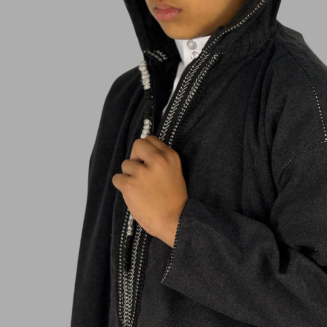 Boys Premium Ash Black Hooded Moroccan Thobe - Image 3