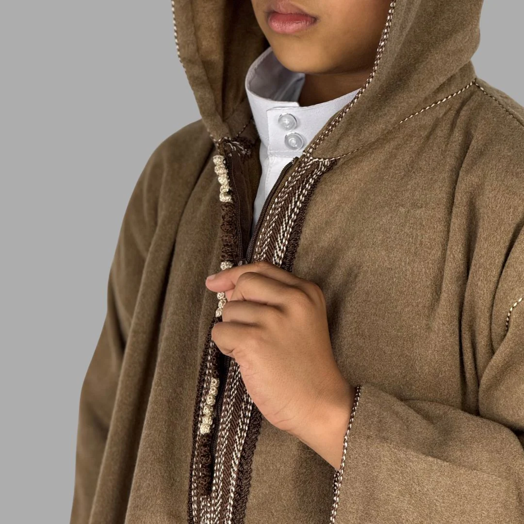 Boys Premium Light Brown Hooded Moroccan Thobe - Image 3