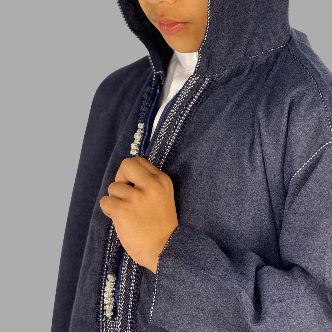 Boys Premium Navy Blue Hooded Moroccan Thobe - Image 3