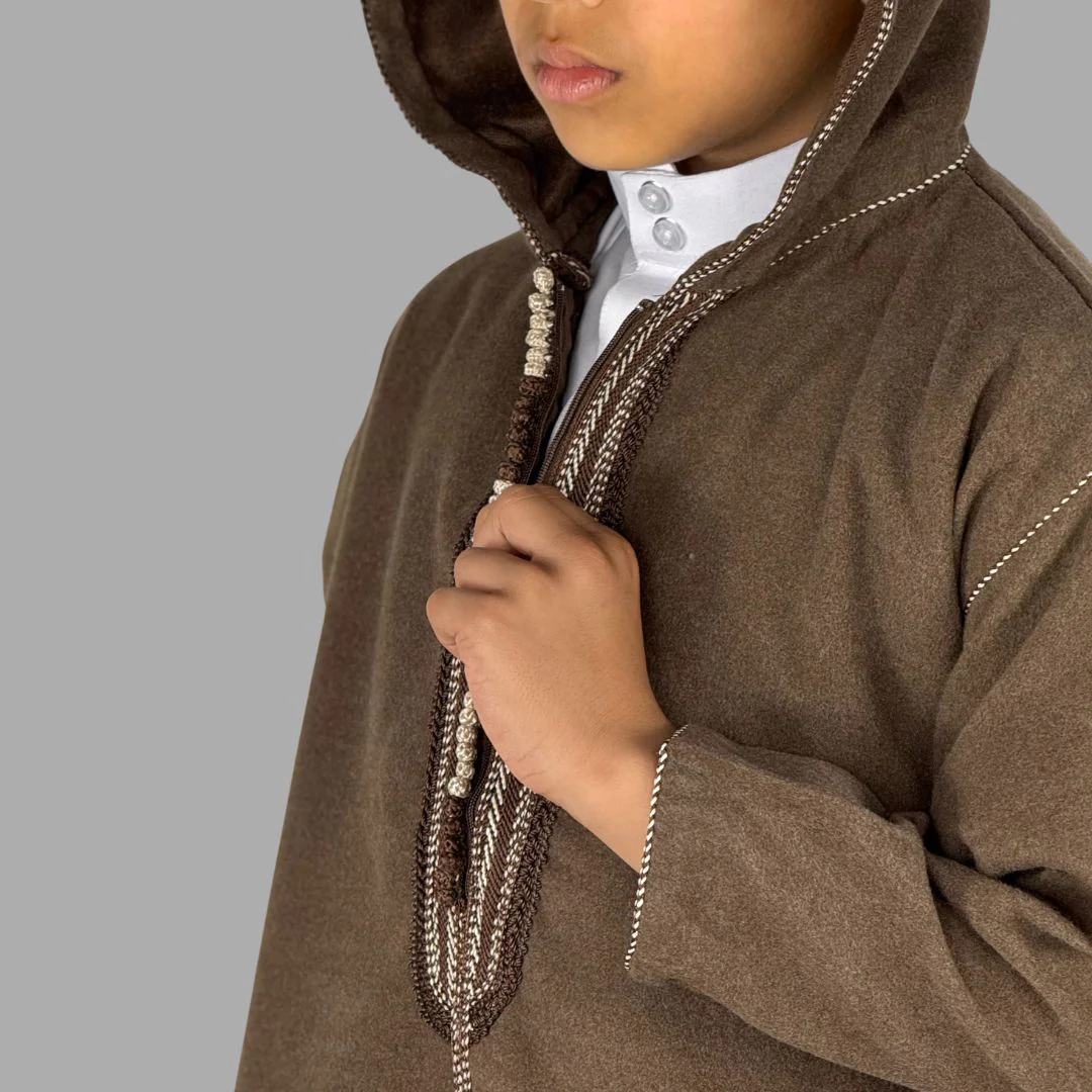 Boys Premium Qahwa Brown Hooded Moroccan Thobe - Image 3