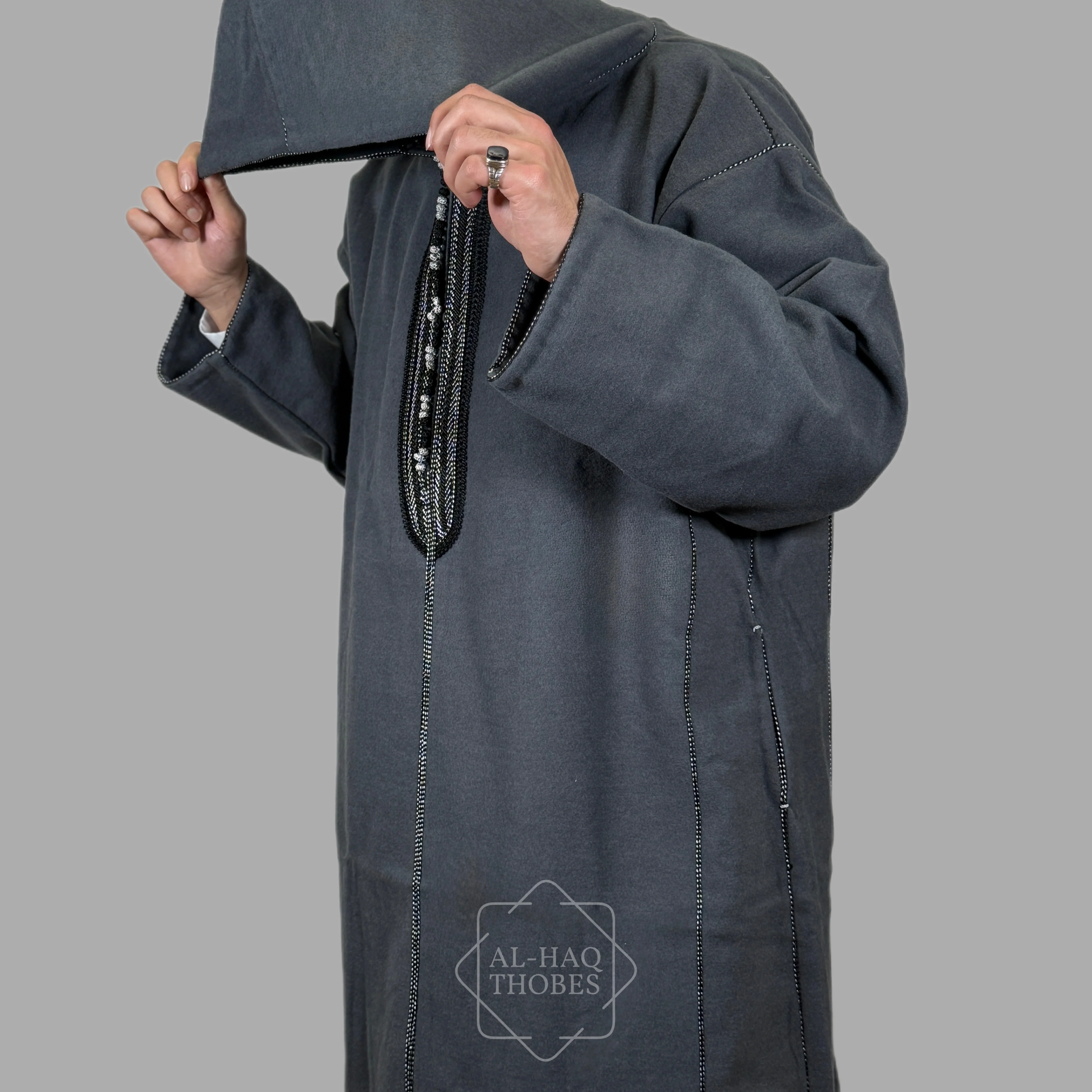 Luxury Brooklyn Grey Hooded Moroccan Thobe (Open/Slit Pockets) - Image 3