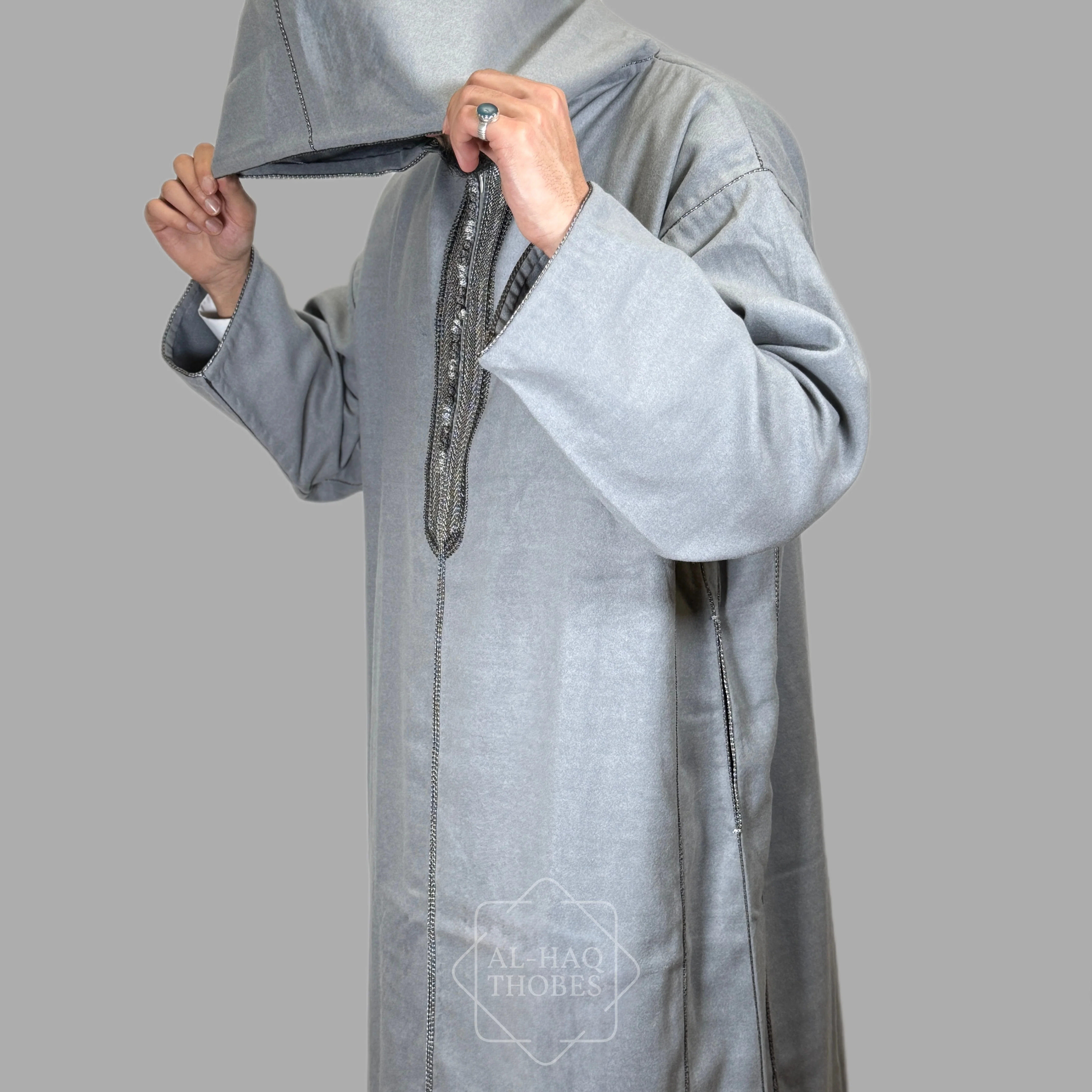 Premium Cloud Grey Hooded Moroccan Thobe - Image 3