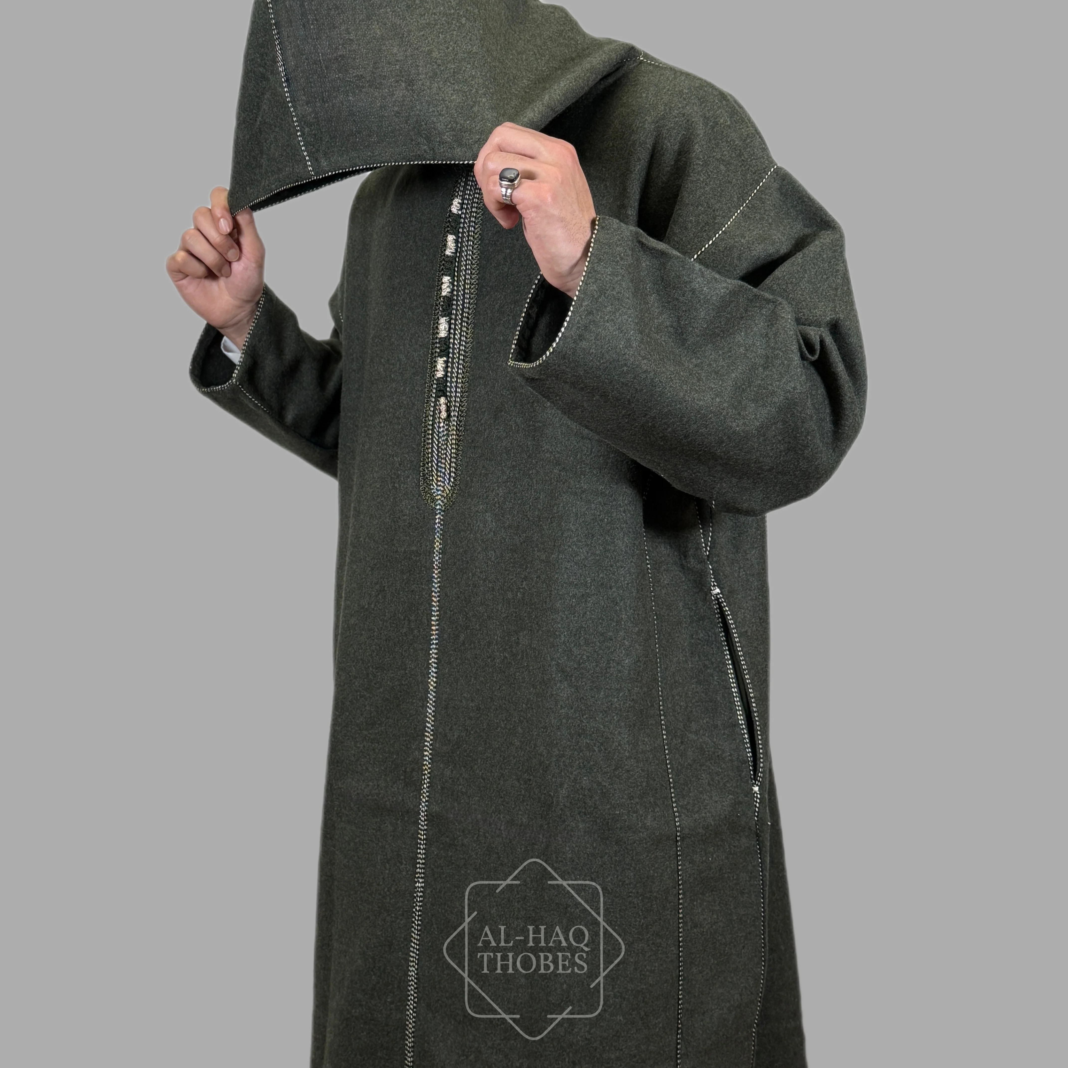 Luxury Olive Green Hooded Moroccan Thobe - Image 3