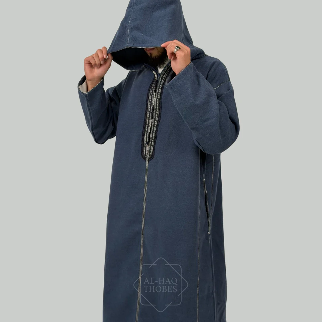 Luxury Sapphire Blue Hooded Moroccan Thobe - Image 3