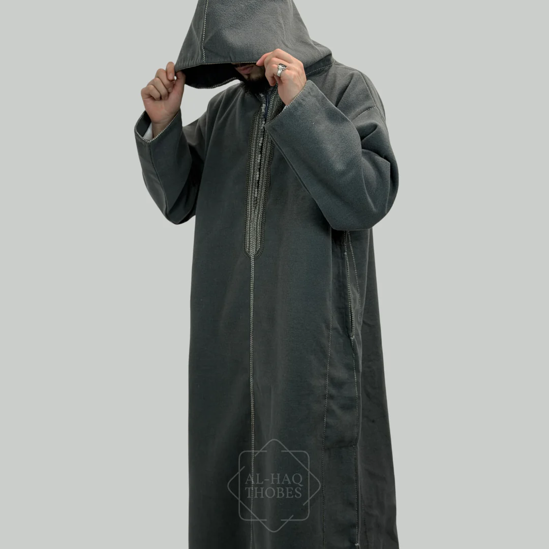 Luxury Shadow Grey Hooded Moroccan Thobe - Image 3