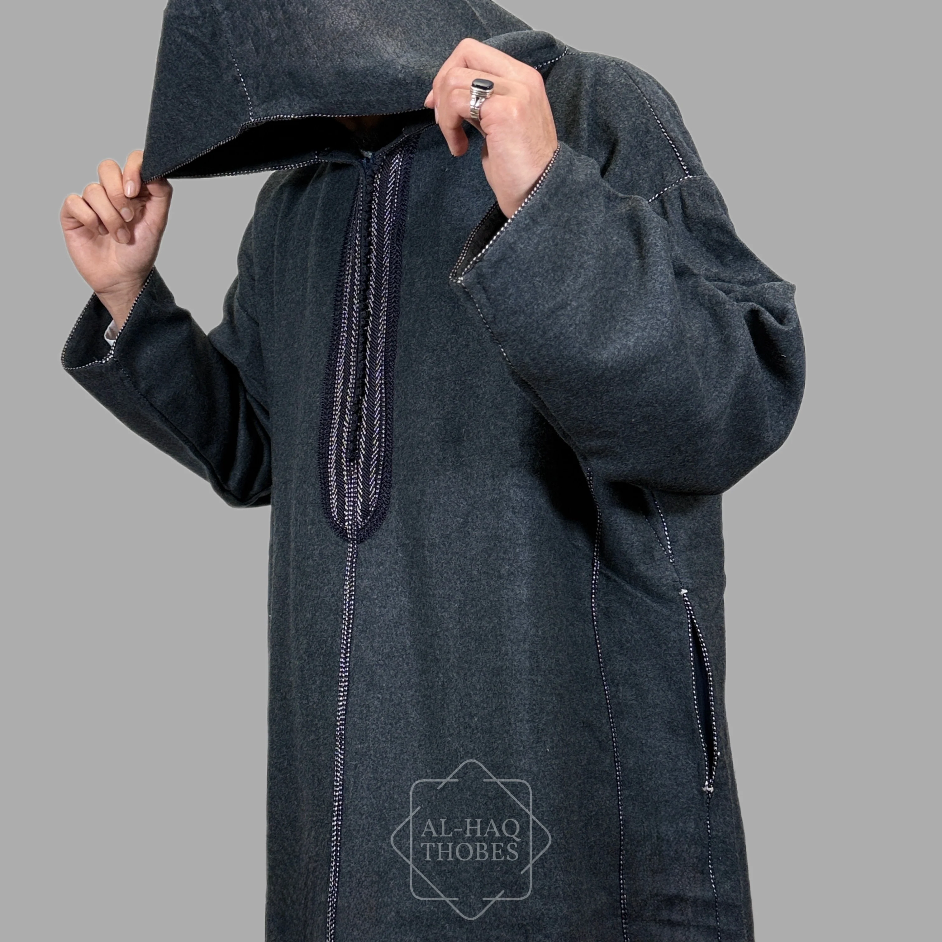 Luxury Steel Blue Hooded Moroccan Thobe - Image 3