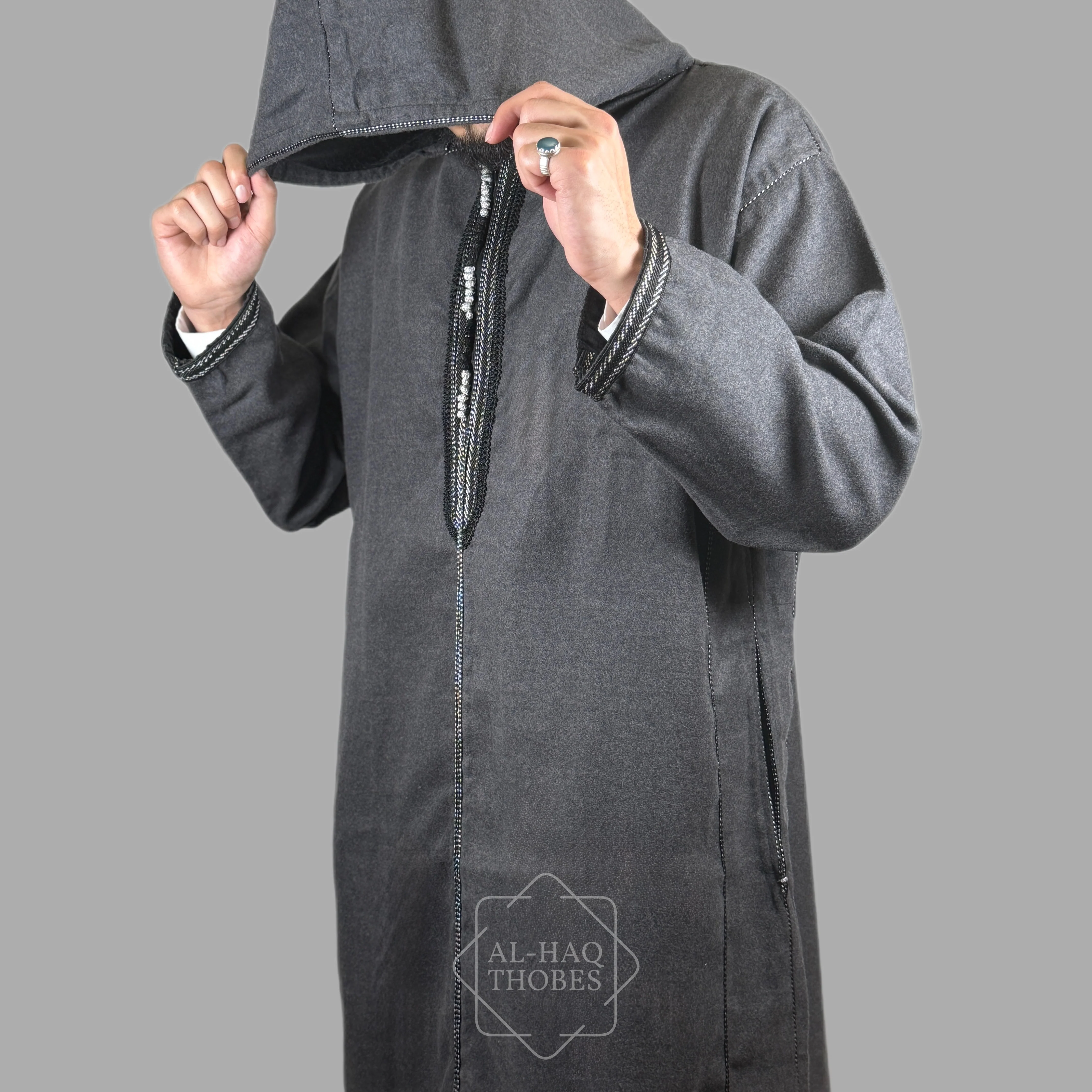 Premium Storm Grey Hooded Moroccan Thobe - Image 3