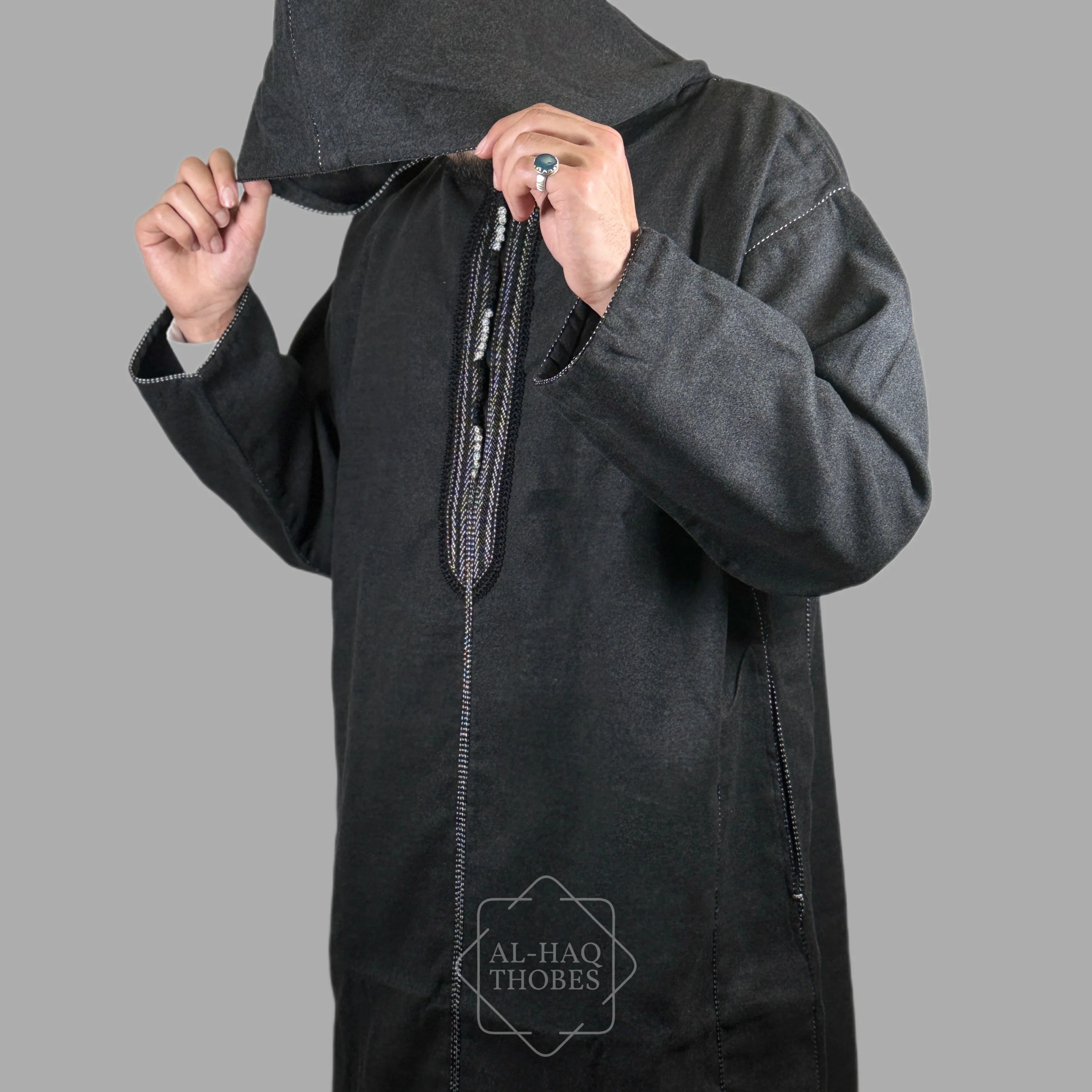 Premium Ash Black Hooded Moroccan Thobe - Image 3