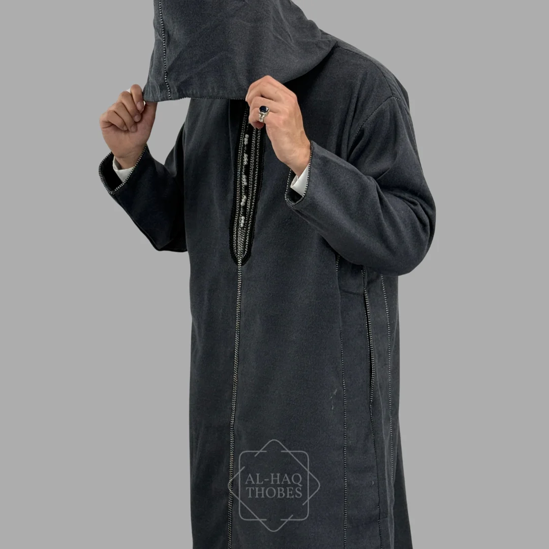 Premium Charcoal Grey Hooded Moroccan Thobe - Image 3