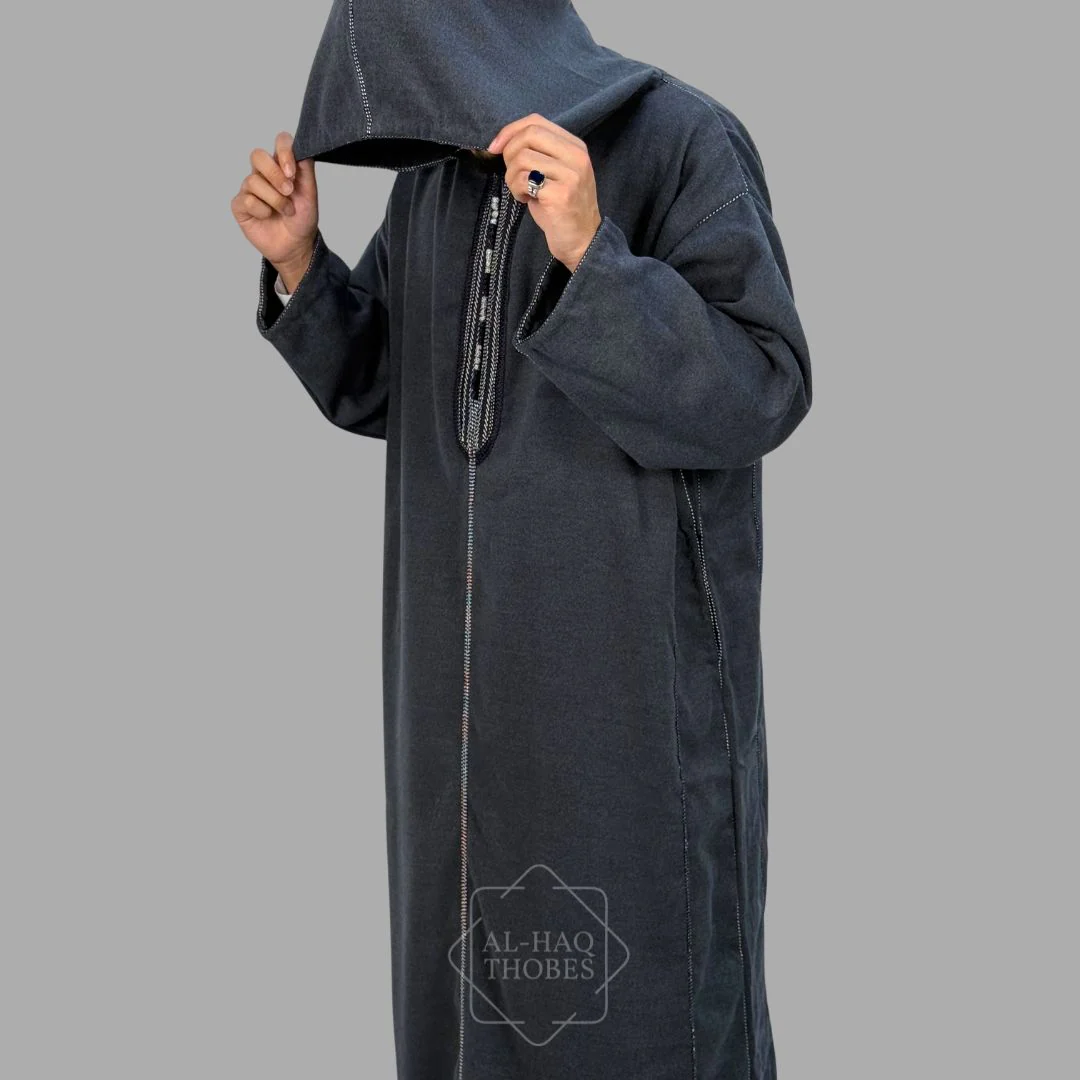 Premium Charcoal Navy Hooded Moroccan Thobe - Image 3