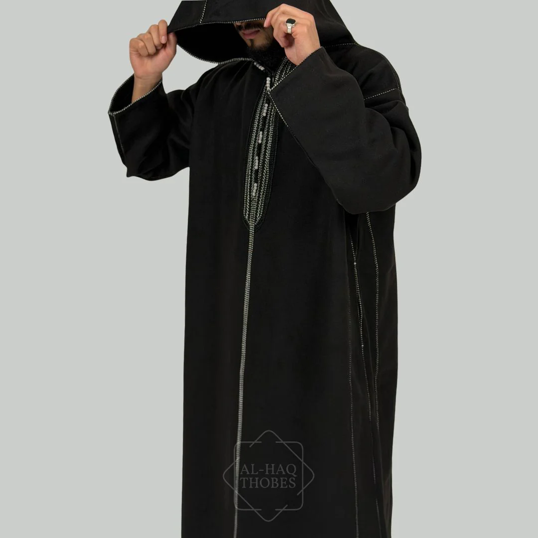 Luxury Coal Black Hooded Moroccan Thobe - Image 3