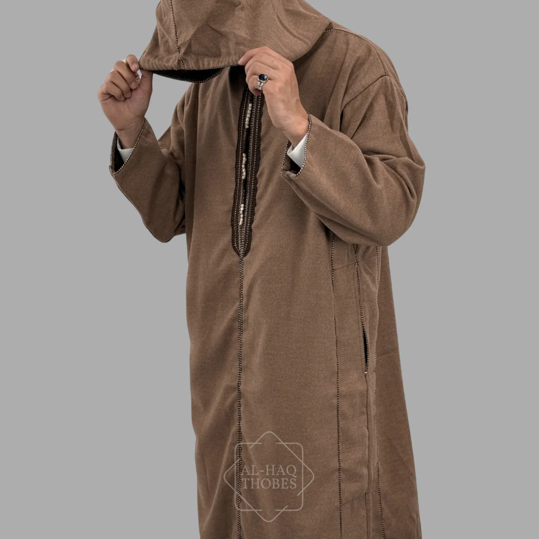 Premium Light Brown Hooded Moroccan Thobe - Image 3