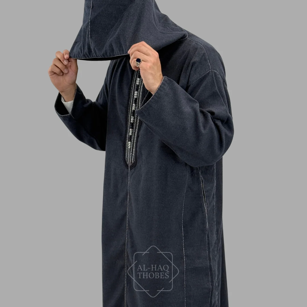 Premium Navy Blue Hooded Moroccan Thobe - Image 3